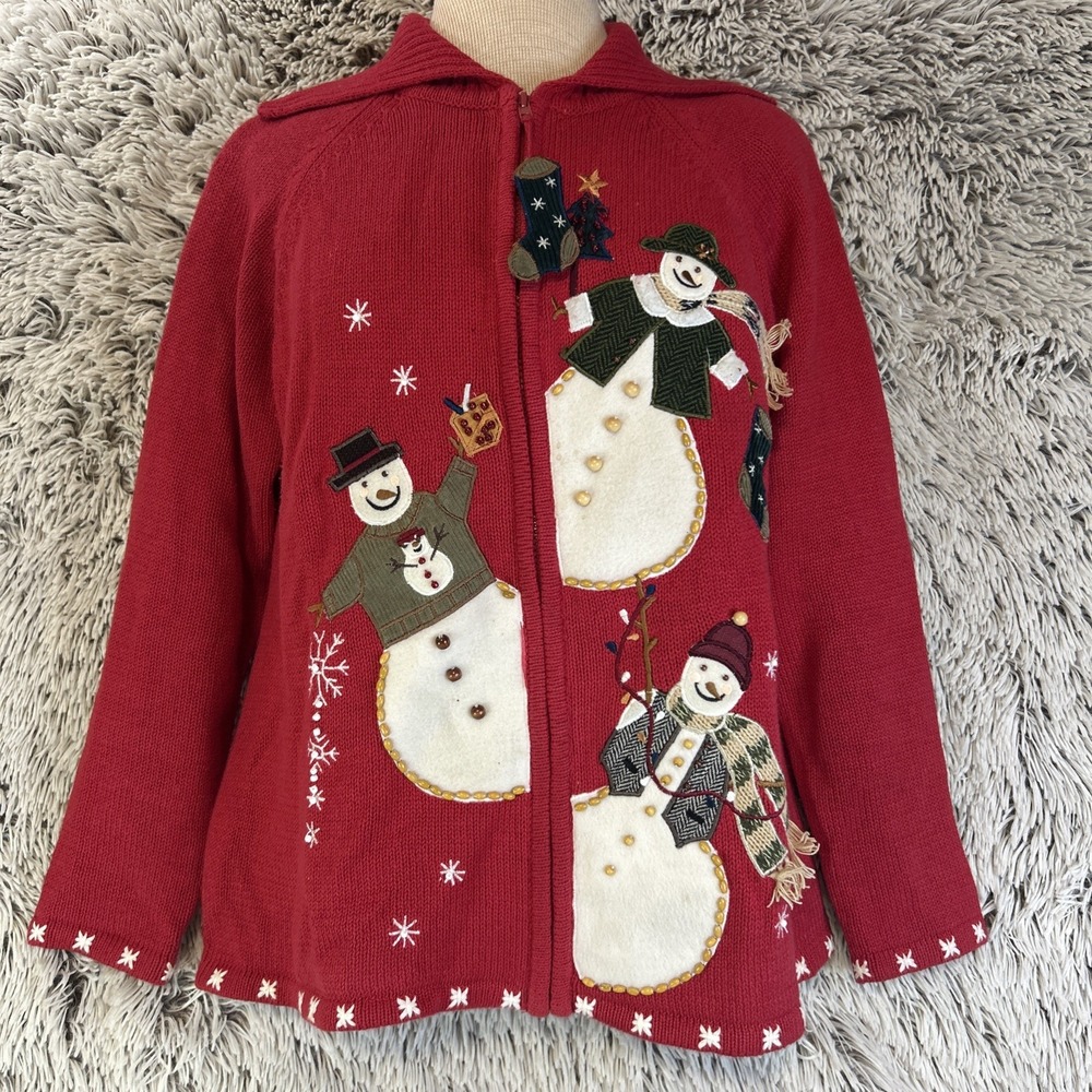 Tiara International Red Small Christmas Sweater Snowman Cocoa‎ Snowflakes Zip